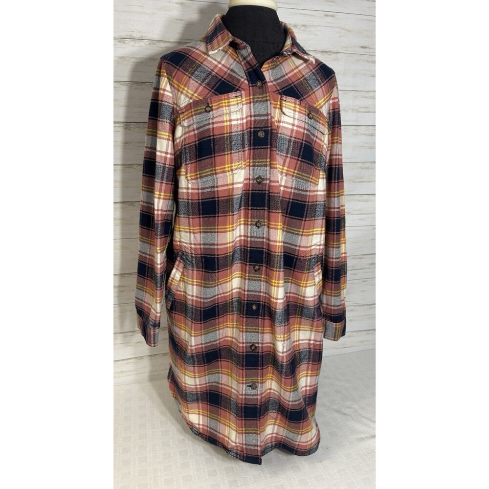 Duluth Trading Flannel Folklore Duster Shirt Dress Womens MEDIUM Pink Blue Plaid
